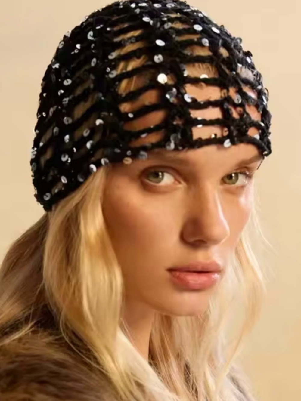 Others Follow Black Sequined Open-Knit Beanie